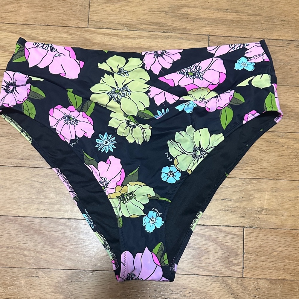 PINK Victoria's Secret Floral Bikini Bottoms - Black and Pink